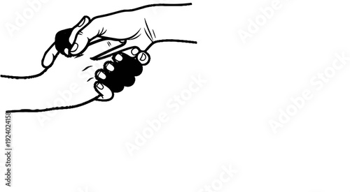 Two hands clasped together in a firm handshake, rendered in black and white