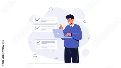 Man checking off tasks on laptop, modern flat illustration, business productivity concept
