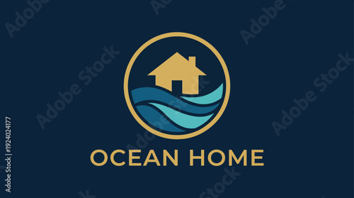 A modern logo featuring a house above waves, symbolizing tranquility and the beauty of coastal living, ideal for marketing oceanfront properties or beach houses.