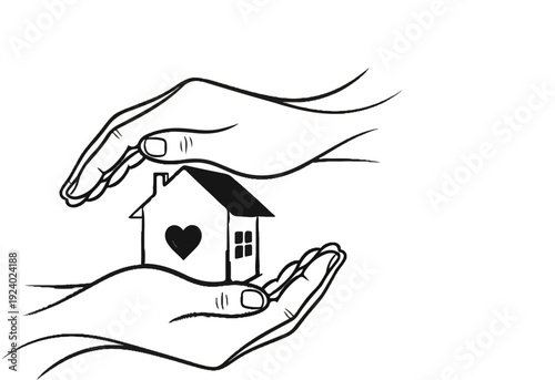 Two hands cradle a house with a heart, symbolizing care and security
