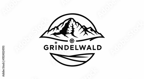 Stylized mountain silhouette with text and snowflake graphics, within a circle