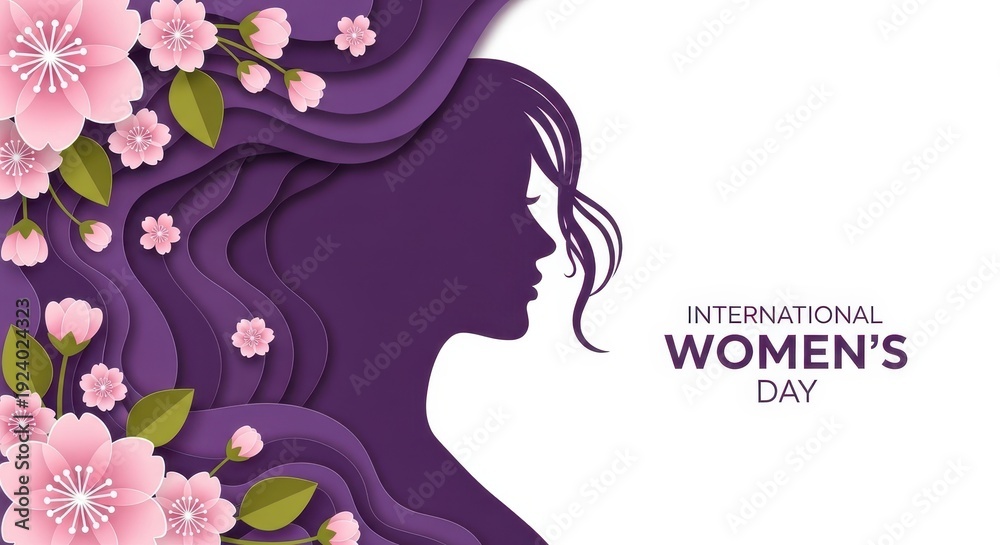 Fototapeta premium International womens day abstract purple background with silhouette of woman head and pink flowers