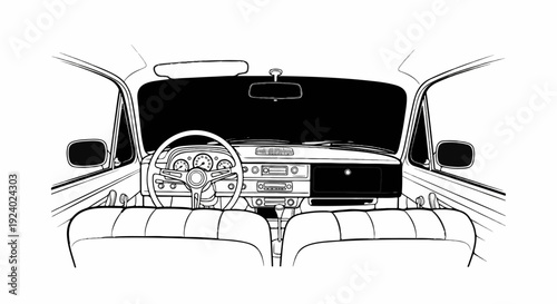 Vintage car interior, dashboard, steering wheel, seats, rear view