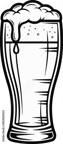 Tall glass with frothy beverage, foamy head and dripping liquid