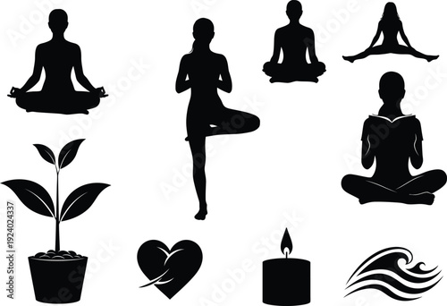 Yoga Silhouettes Practicing Meditation and Relaxation on White Background