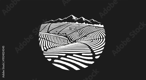 White terraced landscape with mountains within an oval shape