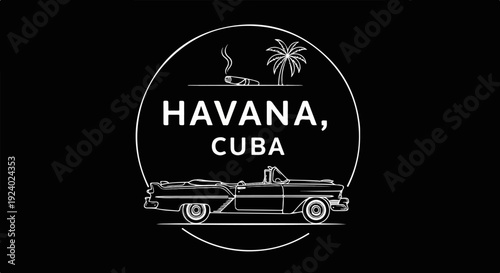 Vintage convertible, palm tree, and cigar in a circle, representing Havana, Cuba
