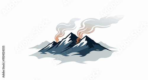 Stylized mountains erupting with smoke and lava against a white background