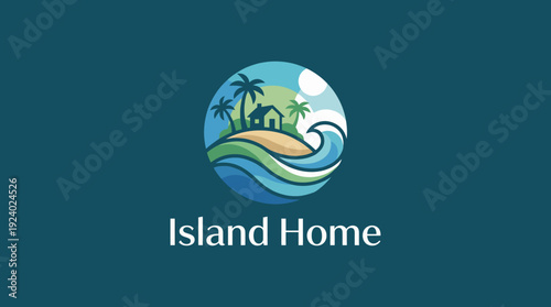 This vibrant logo illustrates a tropical island with palm trees and a cozy home, ideal for real estate companies specializing in vacation or coastal properties.