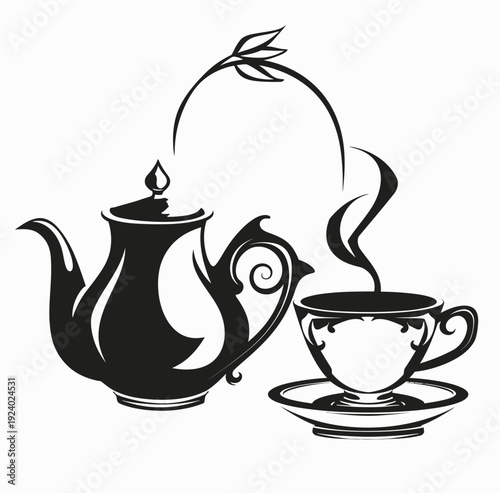 Elegant black and white teapot and teacup vector illustration design