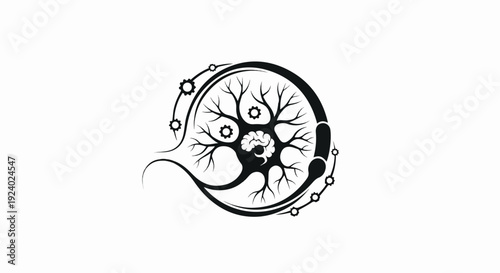 Stylized neuron with gears and brain, symbolizing cognition and mechanics