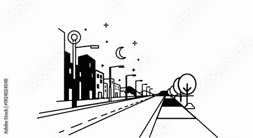 Stylized night cityscape with a road leading into the distance and a crescent moon