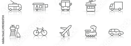 Minimalist set of ten linear transport icons featuring public and private vehicles including bus, airplane, train, and bicycle with elegant reflection effects.
