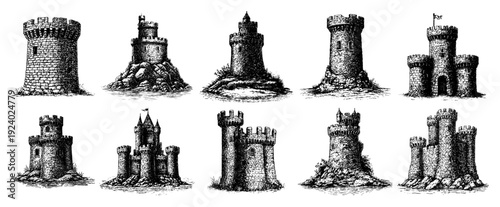 Collection of medieval stone castle towers and fortifications in vintage engraving style
