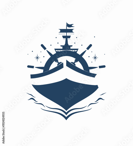 Stylized navy ship logo illustration with steering wheel and nautical elements