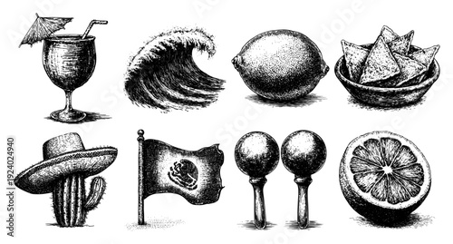 Collection of hand drawn Mexican symbols and food in vintage etching style
