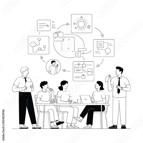 Team collaboration and project management illustrated with workflow diagrams