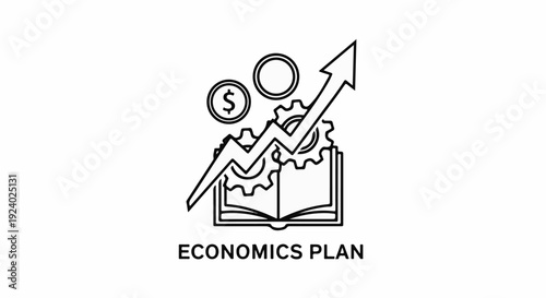 Stylized open book with upward trending graph, gears, and coins