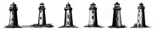 Set of vintage lighthouse illustrations in detailed hand drawn engraving style