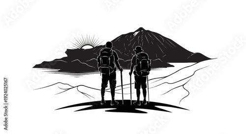 Two hikers with backpacks face a mountain at sunrise