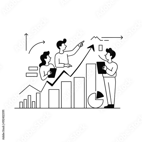 Team analyzing growth charts and data with positive projections