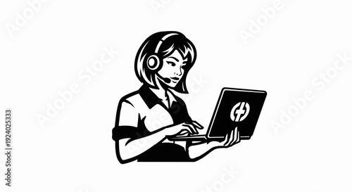 Woman with headset and laptop, black and white graphic