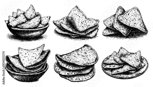 Vintage sketch of crunchy tortilla chips and nachos for snack or mexican food menu
