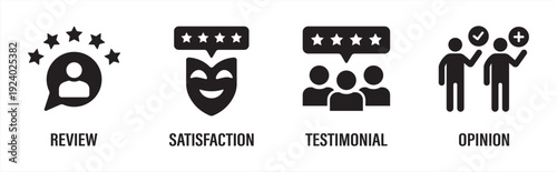 Review icon set. featuring feedback, rating, testimonial, satisfaction, comment