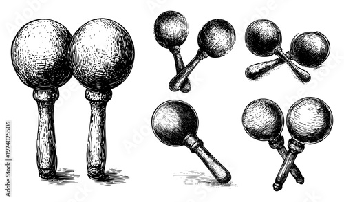 Collection of mexican maracas musical instruments in detailed vintage woodcut style