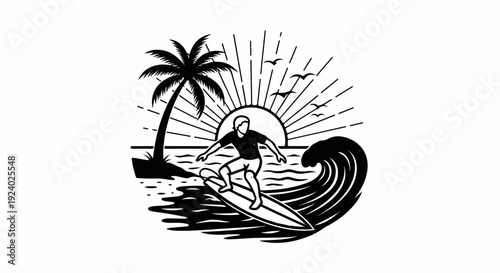 Surfer rides wave at sunset with palm tree and birds flying overhead