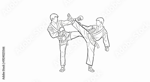 Two martial artists in traditional uniforms perform a sparring sequence