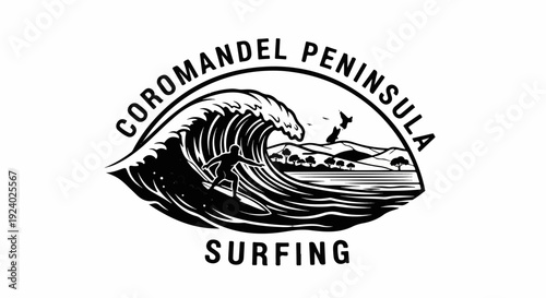 Surfer riding a massive wave with a scenic peninsula backdrop