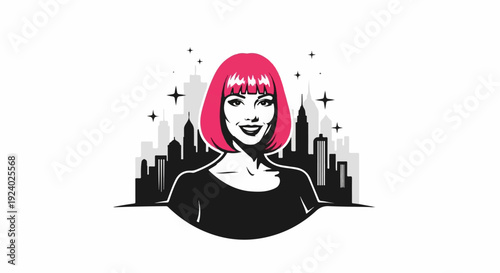 Woman with vibrant bob haircut in front of a cityscape