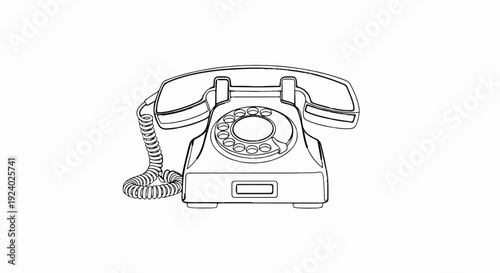 Vintage rotary dial telephone, black and white line art