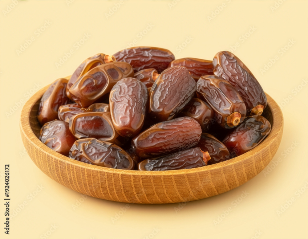 Obraz premium mixed dates casually placed in a shallow wooden serving bowl kurma