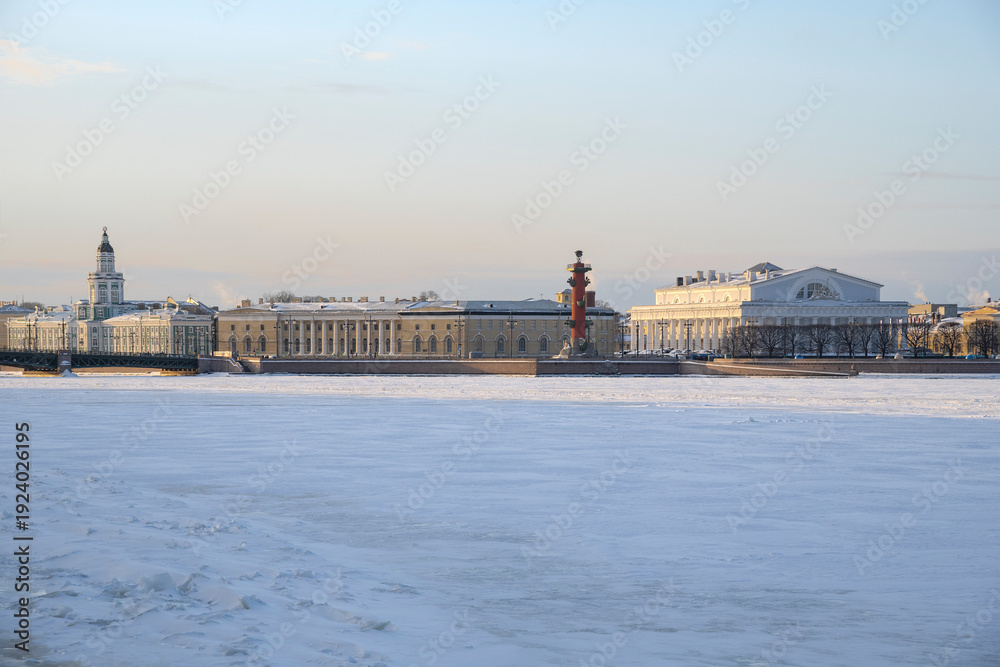 Fototapeta premium View on the Vasilyevsky Island arrow. Winter day in the historical center of St. Petersburg, Russia