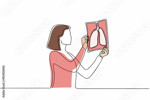 A doctor examines an x ray of lungs with a continuous line drawing