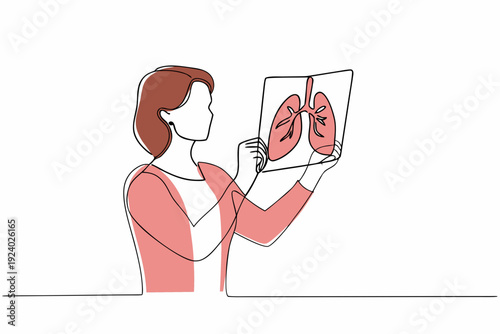 Woman examining an x ray of lungs with a single line drawing style
