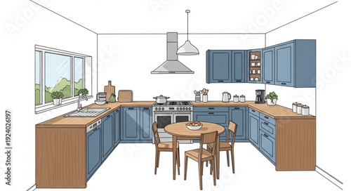 Modern Blue Kitchen Design with Island and Dining Table.