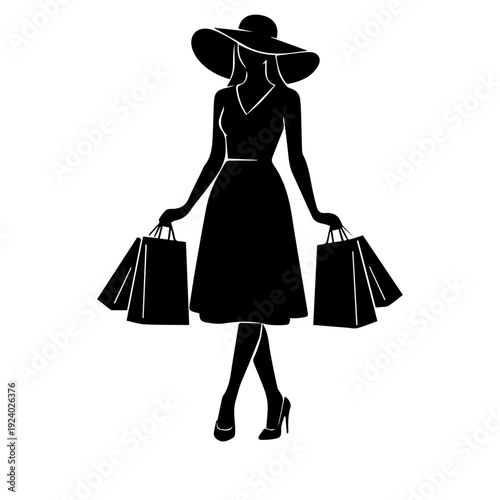 UntitElegant Lady with Shopping Bags Silhouette Black and White Fashion Artled-4