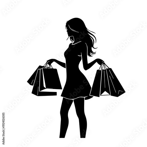 Untitled-4Fashionable Woman Carrying Shopping Bags Silhouette Black and White Illustration
