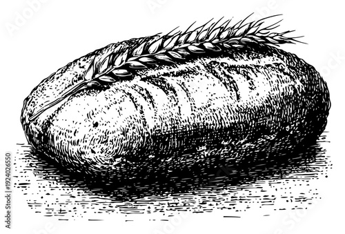Hand drawn loaf of bread with wheat stalk in detailed vintage engraving style