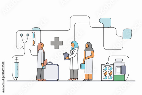 Healthcare professionals discuss patient care with medical tools nearby