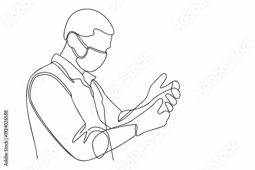 Line drawing of a man in a suit wearing a face mask and sanitizing