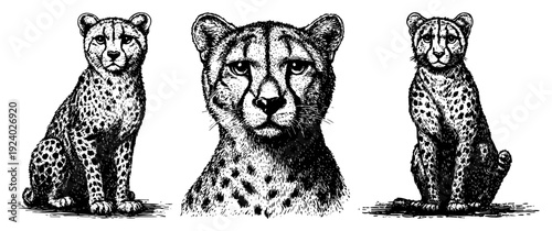Vintage hand drawn illustrations of cheetah wild cat in detailed etching style