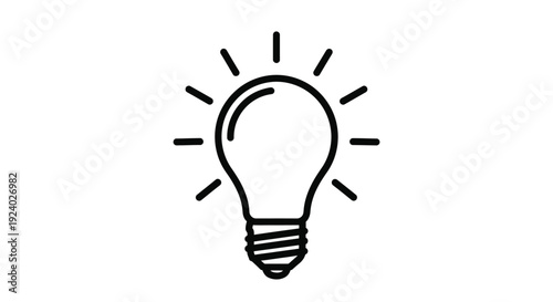 Creative idea light bulb icon with rays on white background symbolizing inspiration and innovation in business and education