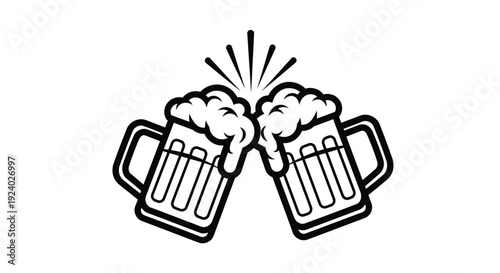 Two beer mugs clinking together with foam and excitement in a celebratory gesture on white background