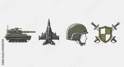 Military equipment and symbols illustration.