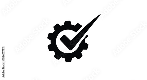 Black gear icon with checkmark symbol on white background representing approval and mechanics