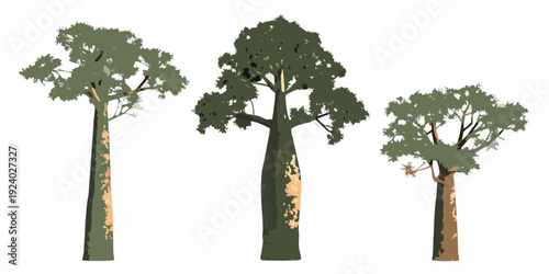 Three stylized trees with varying heights and canopy shapes are shown